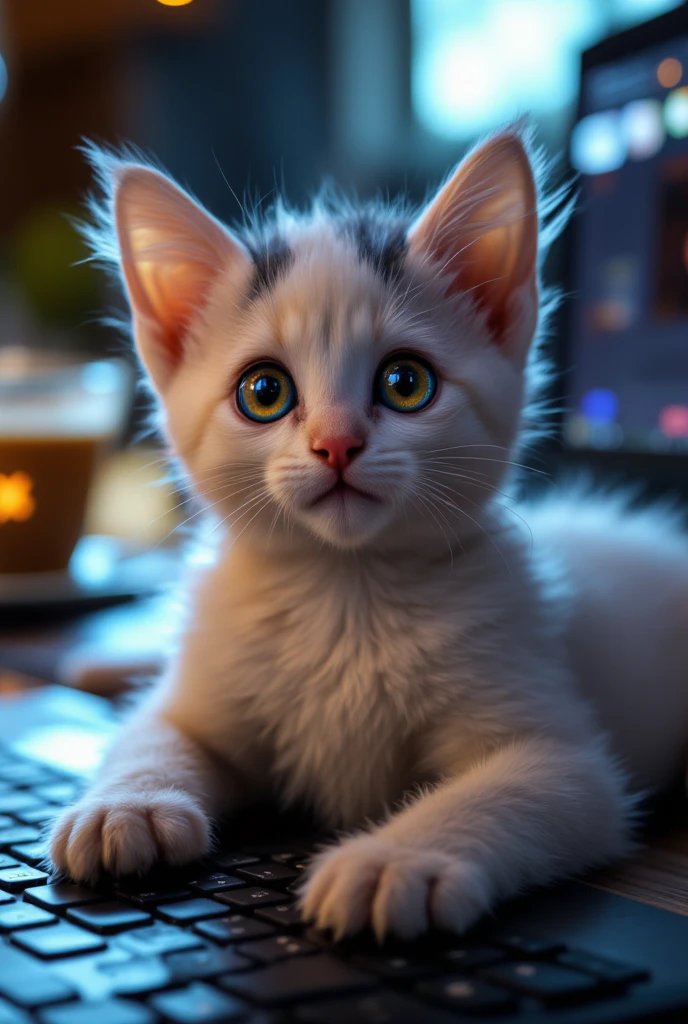  cute kitten、On the desk、Computer in background、Computer in backgroundのマウス、coffee on the background、The、is lying down with its stomach sticking out in the background {x} on the keyboard、viewers streaming out of their 