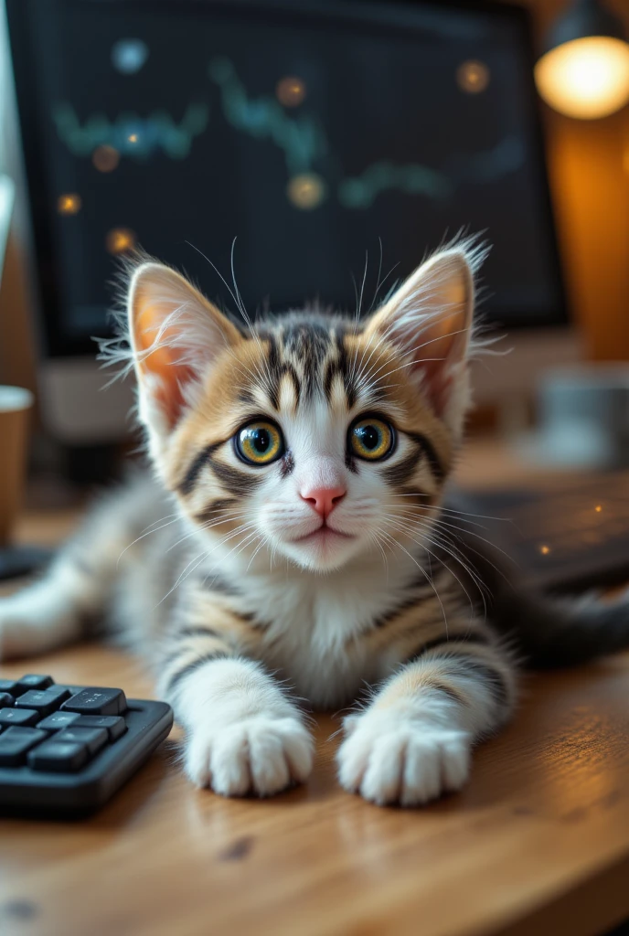  cute kitten、On the desk、Computer in background、Computer in backgroundのマウス、coffee on the background、The、is lying down with its stomach sticking out in the background {x} on the keyboard、viewers streaming out of their 