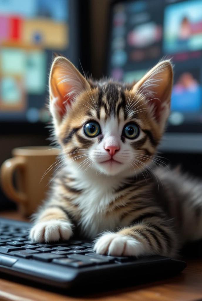  cute kitten、On the desk、Computer in background、Computer in backgroundのマウス、coffee on the background、The、is lying down with its stomach sticking out in the background {x} on the keyboard、viewers streaming out of their 