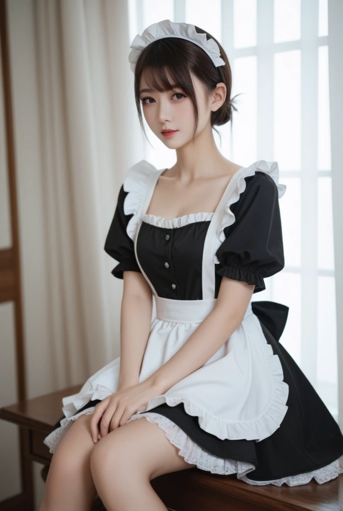 ((masterpiece)), ((highest quality、Ultra high definition)), (Very detailed),8K、(Photo quality)、(((Amazingly cute girl))), , (Beautiful emerald blue eyes), ((smile)),Glossy lips、In the open-air bath overlooking the sea, Beautifully arranged black hair in twin tails、Lace fabric ribbon、whole body、(Slim figure)、((Super high-end white see-through summer gothic lolita maid costA super mini skirt with lots of frills))、Professional Lighting、(White lace knee-highs)、(More detailed and beautiful)、(More details and cutenesore realistic)、White panties are visible、