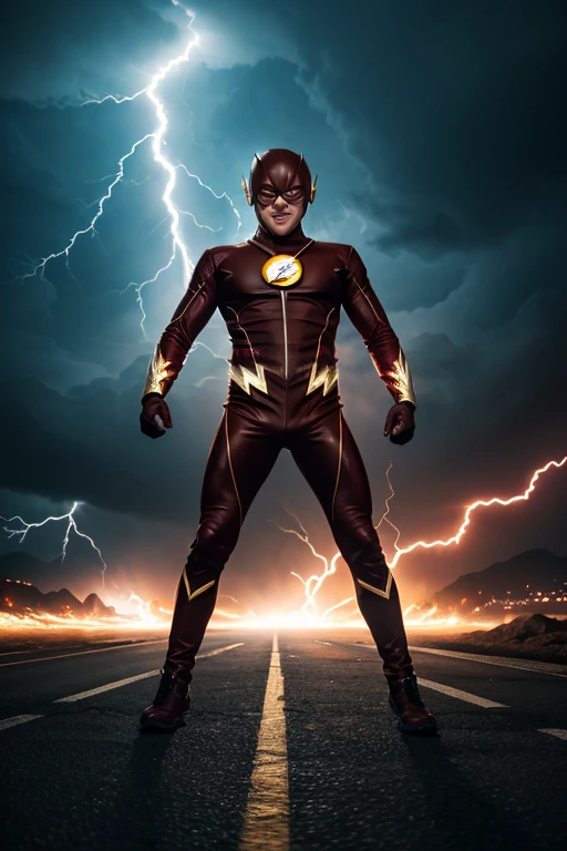 a 5-year-old boy，adolable，The Flash's costume，Clear face，of a real，Lightning scene，