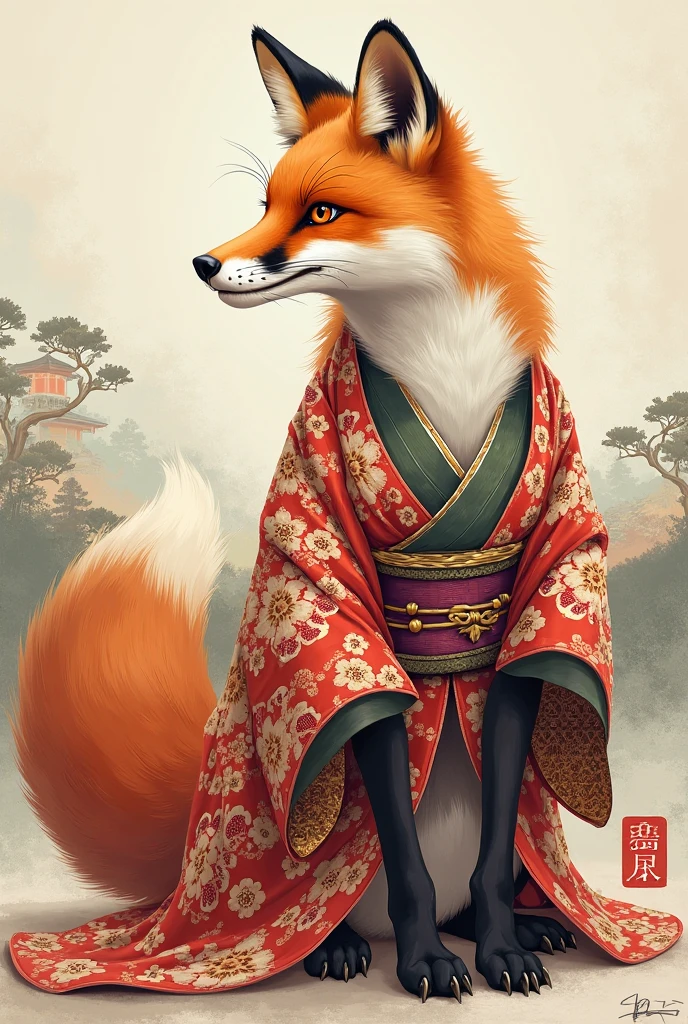 Create an image of a fox in a kimono with a caption " for hard work"
