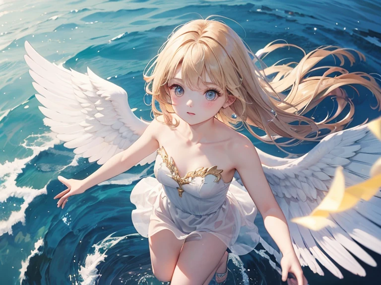 1girl, colorful theme, ,(best quality, high quality, high resolution), realistic, ultra-detailed, highly detailed face features, absurdres, realistic lighting and reflections, highly detailed face features, see through shirt, best photo,high quality illustration,full-length, HQ Artstyle, ,petitgirl with blonde twin tail,Angel wings flutter,Sitting,Blue Eyes,smile,Reach out,,,Angel Hagoromo,whole body,Cute pose,Laughing with your mouth open,((5 years old)),((Micro Bikini)),((See-through clothing)),Summer vacation,Ocean,sunny,Swim ring