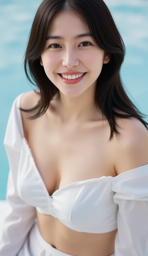 Real、Women's 1、hot pants、spread legs、camisole、clear、I have bangs.、Age 25、Mature、Medium Breast、sex appeal、Glowing Skin、((Highest quality, In 8K, masterpiece:1.3)), smile、Tight clothing、Brown haired、(Blunt bangs:1.2)、、Maintain the original face proportions、Broad shoulders、Brown haired、Floating Hair、Lips、lipstick、誘惑的なsmile、Perm Hair、Floating Hair、Beach、Bright sunshine,Refreshing sky