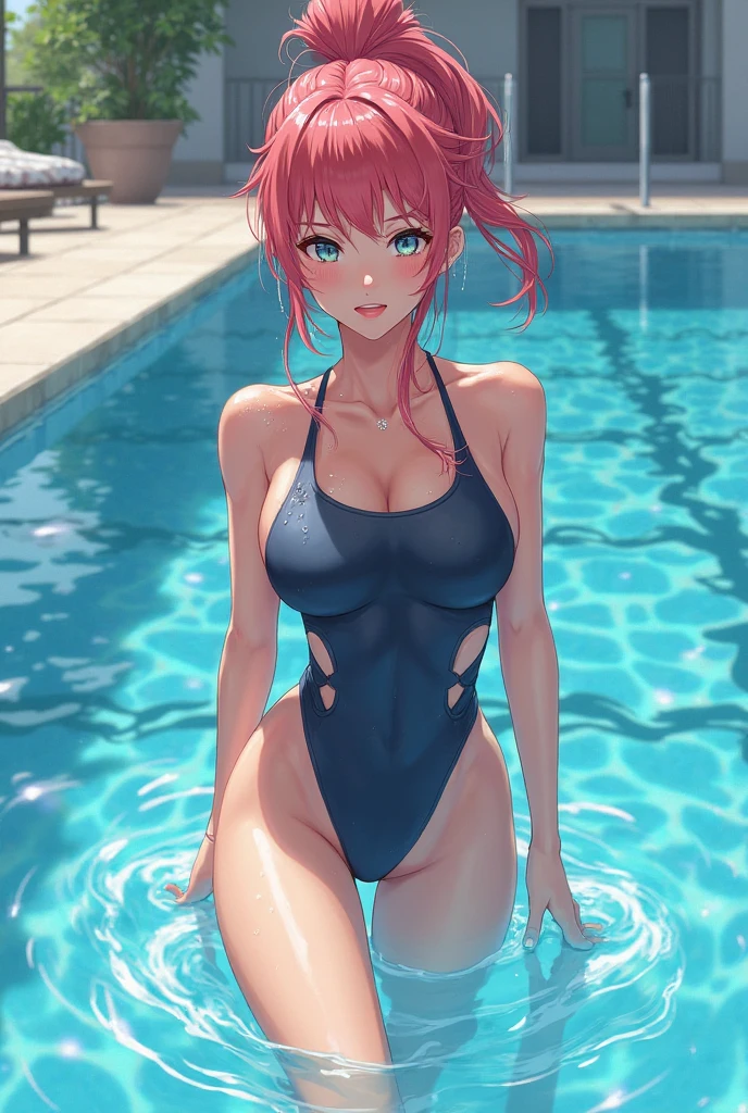 beautiful young woman, anime style, detailed face, red hair, hair down, large eyes, pink eyes, delicate features, soft lighting, wearing a choker, wearing a school swimsuit, by the pool, water reflections, relaxed posture, sunny day, detailed background, Japanese anime style, hand-drawn, high quality, highly detailed, 8k resolution, cinematic lighting, best quality, vibrant colors, showing cleavage, close-up view