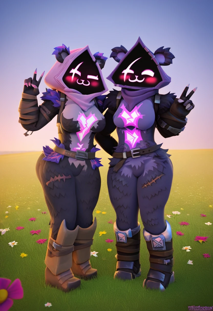score_9, score_8_up, score_7_up, score_6_up, score_5_up, score_4_up, source_furry, [qb8|nviv], raven team leader, bear, mammal, anthro, armor, armwear, back bow, belt, biped, blush, bow accessory, breasts, bridal gauntlets, clothing, crossbar emanata, duo, emanata, eye scar, facial scar, female, fur, gauntlets, gesture, gloves, hand gesture, handwear, hood, looking at viewer, scar, schynbalds, shadow face, skinsuit, square crossover, standing, three-quarter view, tight clothing, tongue, tongue out, v sign, vambrace, wide hips, epic games, fortnite, BREAK pink body, pink fur, cuddly \(fortnite\), happy, excited, detailed background, outside, field, battlefield, from front, front view, (Curvaceous body), (fat ass pointed at viewer,) (thick thighs), (Both pointing butt at viewer), (Slapping ass), (massive butt), seductive pose), (Both pushing ass together), (Double)