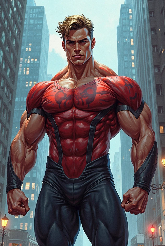 (best quality,highres:1.2),ultra-detailed,a male with red skin and glowing yellow eyes,strong and muscular build,bare chest and chiseled abs,masculine features, warrior, tattoo, superhuman , skirt, city background 