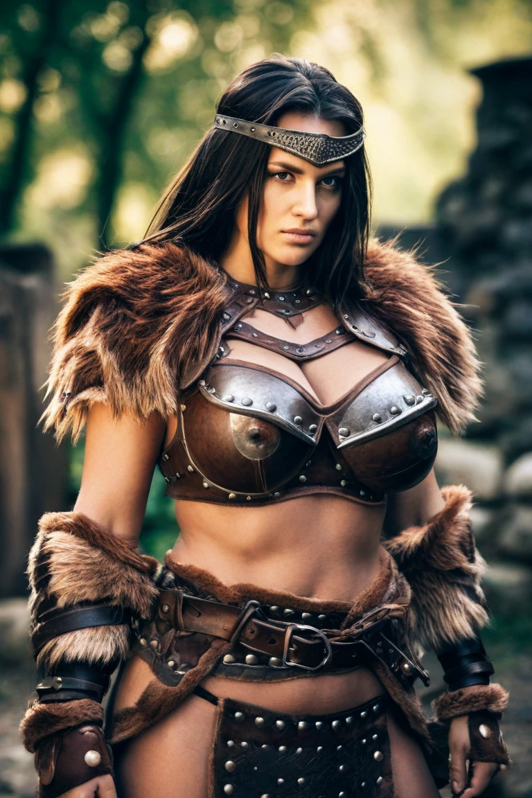 hyperrealism, (photorealistic:1.2), (photorealistic light:1.3), masterpiece, best quality, perfect detail, professional photo, realistic photo, raw photo, realistic style, detailed face, gorgeous brunette, short hair, muscular body, barbarian queen, barbarian clothing, leather and fur clothing, leather skirt, fur top, handcuffs, seductive pose, iron throne, barbarian hut