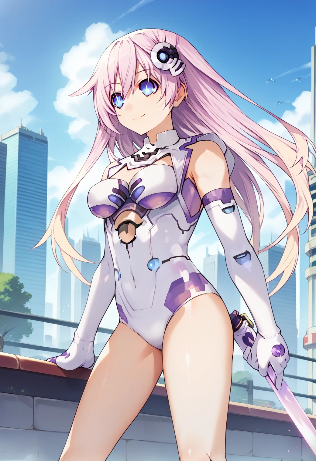 score_9, score_8_up, score_7_up, score_6_up, score_5_up, score_4_up, source_anime, outdoors, science fiction, city, (masterpiece, best quality), fcDetailPortrait, solo, 1girl, nepgear, d-pad hair ornament, white leotard, elbow gloves, white thighhighs