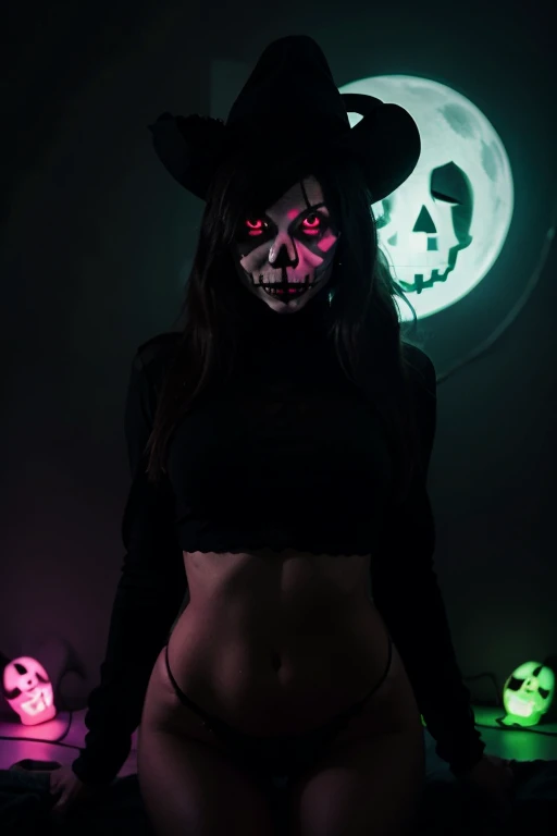 a surreal beautiful woman with a detailed skull face, long black hair, piercing eyes, delicate facial features, elegant neck, wearing a black dress, Sexy curvy hourglass body. Her breasts protrude from her cleavage. standing in a vibrant colors party at night with glowing fireflies, cinematic lighting, dark moody colors, highly detailed, digital painting, concept art, photorealistic.
