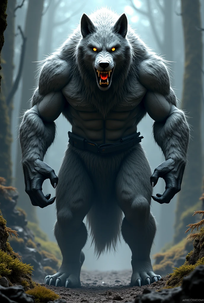 portrait of a fierce wolfman, werewolf hybrid mechanical body, HDR, 4K, ultra detailed, intricate, ultra realistic, in the mist of a dark forest