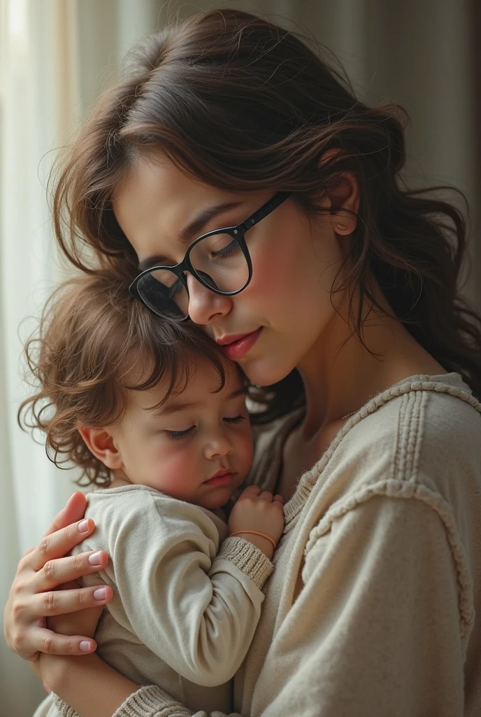 A pair of glasses with a mother holding her in the background