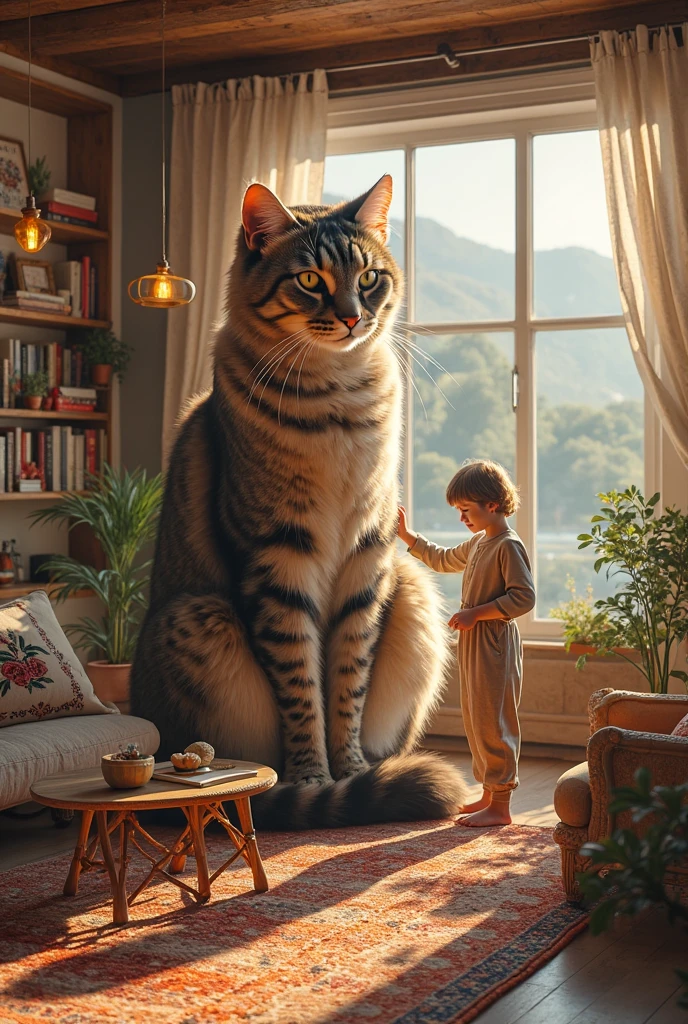 (Best Quality, Masterpiece:1.2), ultra detailed,giant things, Cat,4k, 8k,Small human beings, Looking up at cat,