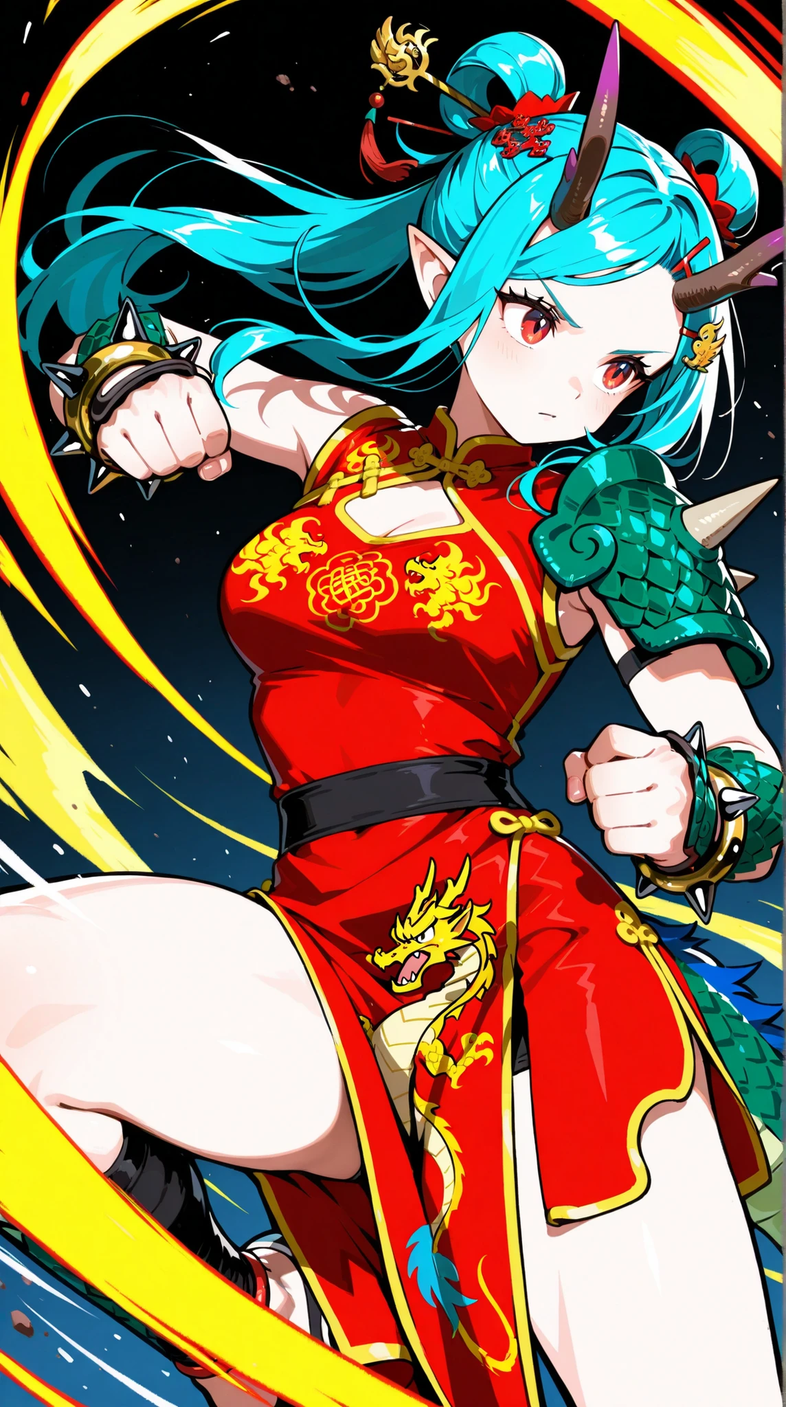 female, China Dress, Dragon Crest, hairpin, Hand guard, Horn Shoulder Armor, spike bangle, Confidence々, Upper kick