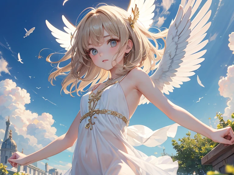 masterpiece, highest quality, Very detailed, 16k, Ultra-high resolution, Cowboy Shot, One 12-year-old girl, Detailed face, Perfect Fingers, Angel halo on head, Golden Eyes, Blonde, short hair, Thin and light clothing, Angel wings growing on the back, Above the Clouds, temple, Fantastic landscape, Flying on angel wings
