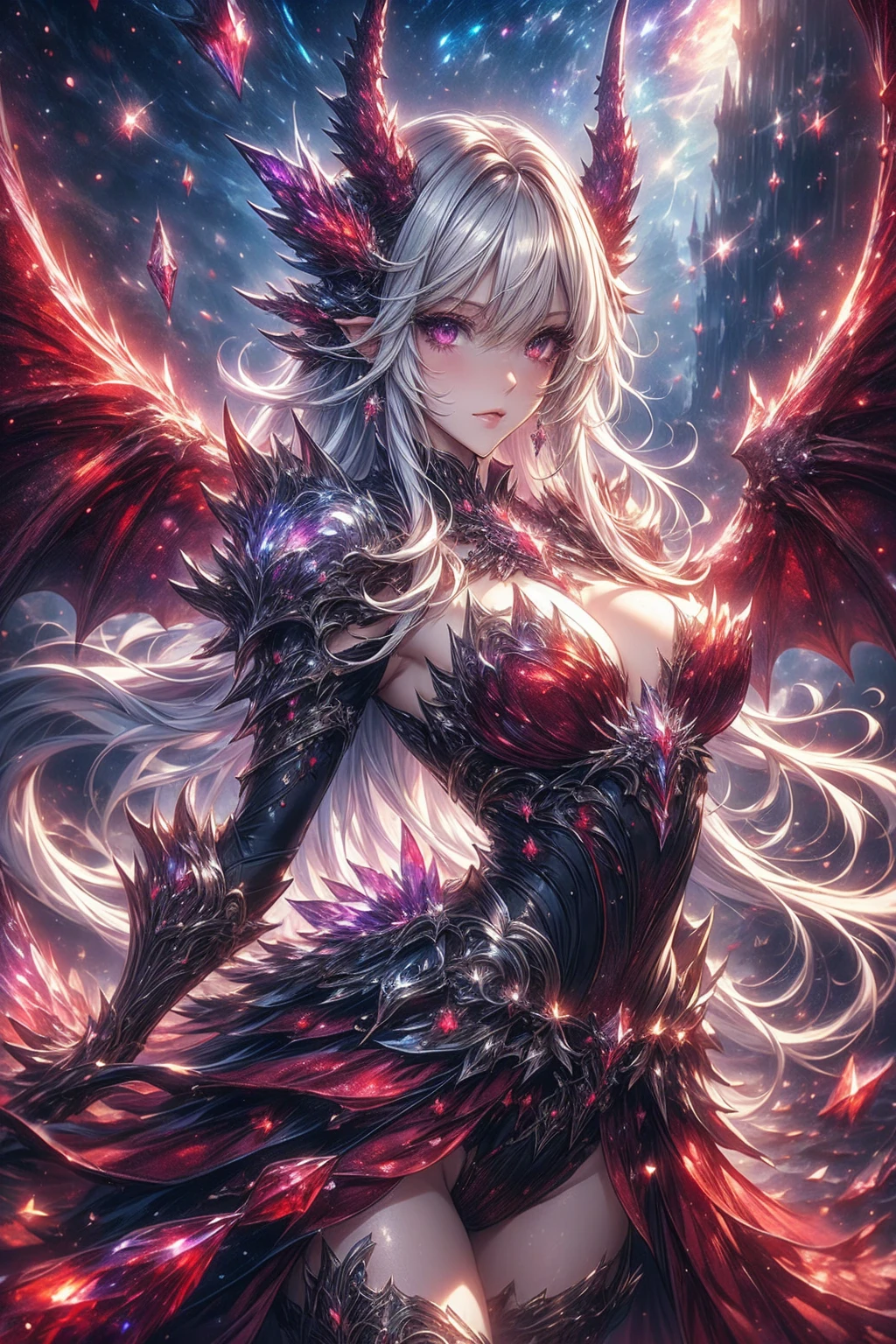 ((Highest quality)), ((Truly a masterpiece)), ((Ultra-detailed:1.4)), ((Ultra-Photorealistic 3D)), Android Magical Girl, Mechanical body, Dynamic action poses for battle scenes, Very complex and heavy fighter aircraft mechanical armament, Off-the-shoulder fashion that combines steampunk and gothic lolita with attention to detail, Intricate steampunk headgear, Very thin、Over-the-knee reggae mechanical boots、Fluttering lace flare mini skirt、 Beautiful small breasts directed upwards、Swaying in the Wind、Long, curly silver hair,、Countless large, shining spheres fly around、Lots of sparks cross and fly、Countless neon lights pouring down from the magical pose、Complex and precise mechanical Night City、Very dark background、Very dramatic and cinematic lighting、Big wings on the back8Growing in Sheets。