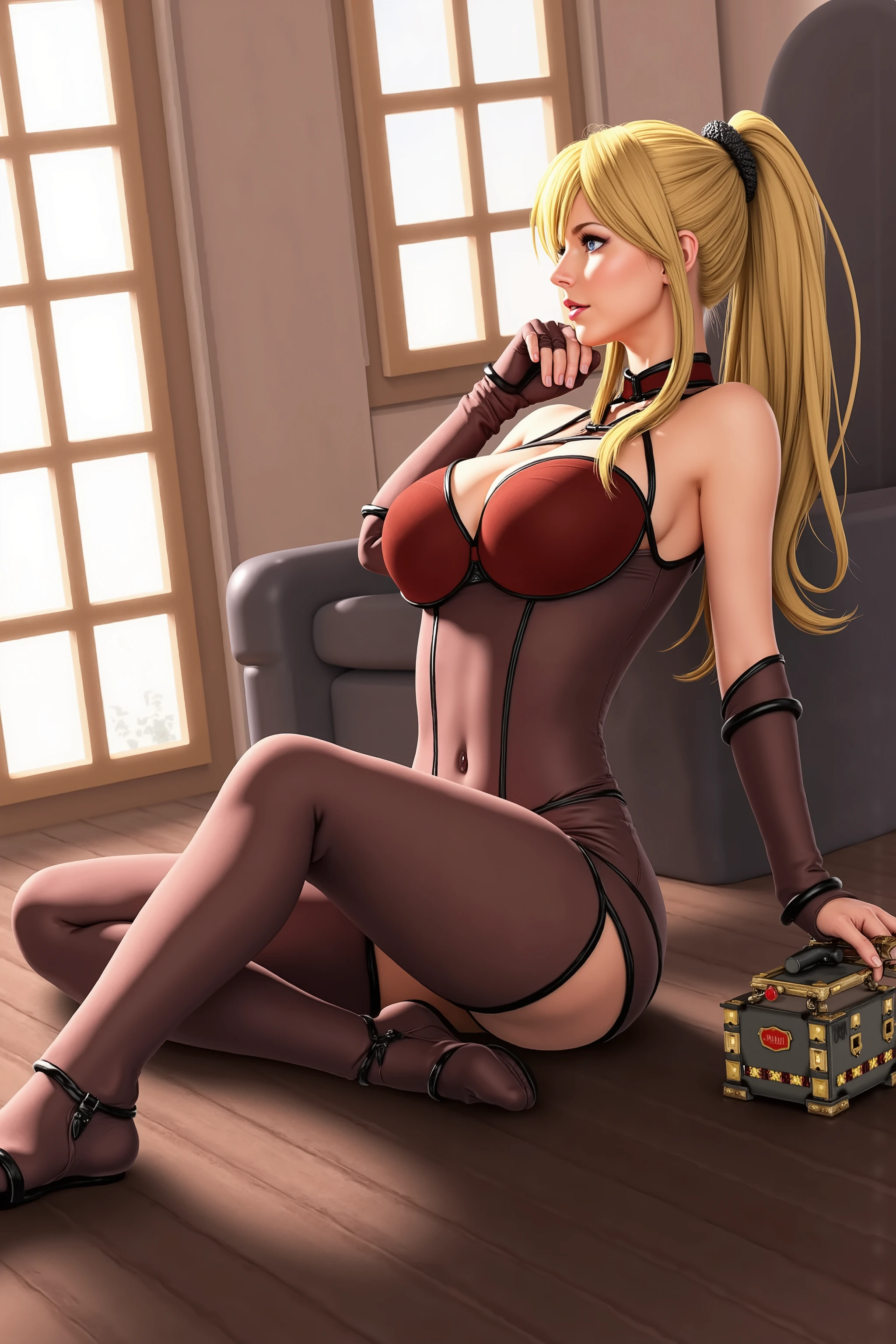 1 girls, (detailed light blue eyes, longeyelashes, detailed beautiful face:1.2), 4k quality, twintails, two sides up hair, (Long blonde hair:1.5), (arms behind back:1.3), (big breasts:1.6), (blushing:1.3), long hair, hair between eyes, (black erotic underwear, black underwear, Red rope, 18 years old:1.5), (Bondage:1.3), raised eyebrows, full breasts, OTN, White Gag, gagged, (sitting:1.5), (sitting in an upholstered armchair in a darkened bedroom, in the Background is a tiny window with a Sunny beach, red lighting in the room, armchair:1.6), looking at the Viewer