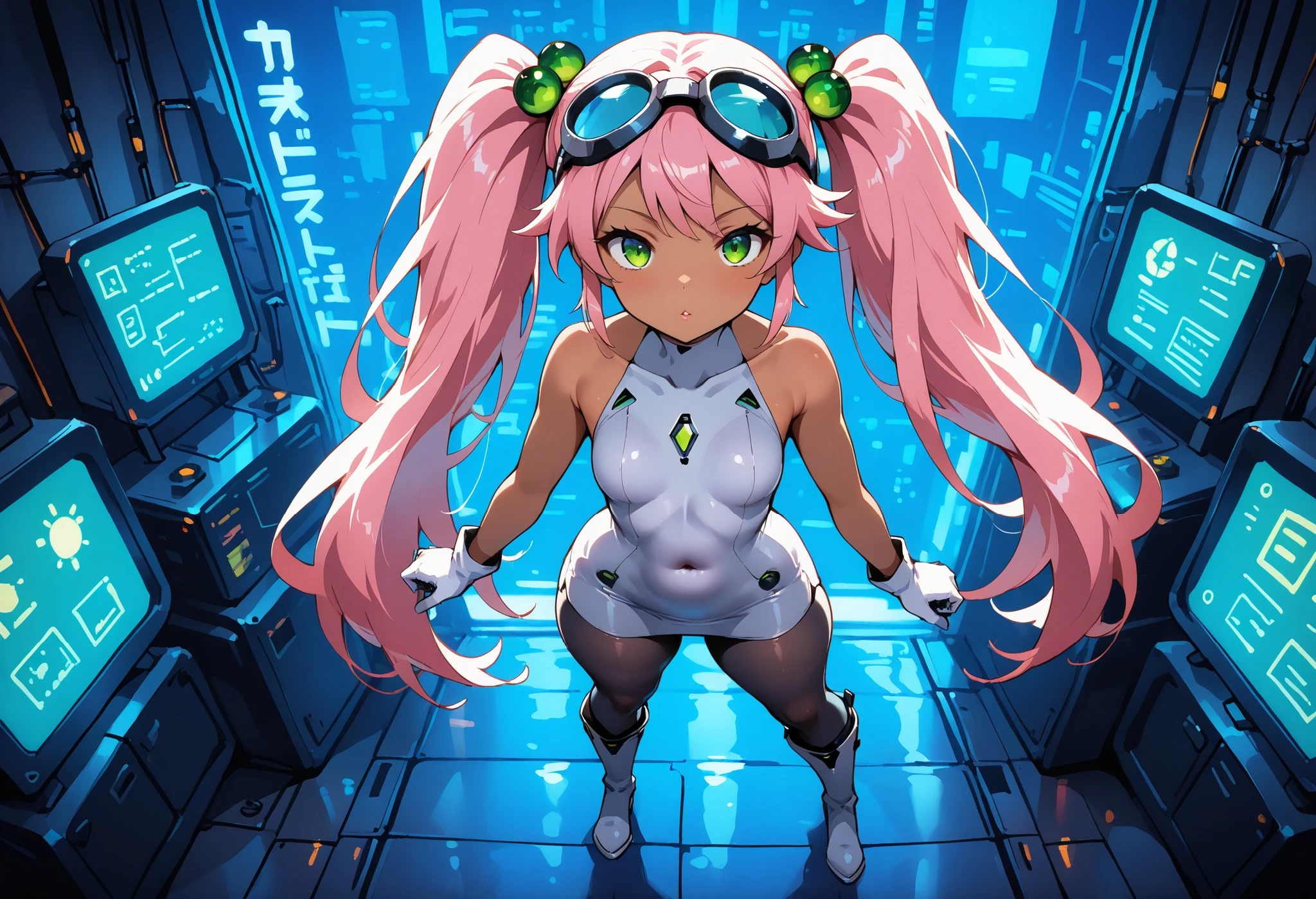 1girl, full body, Lovrina-inspired character, tan skin, vivid pink hair, very long pigtails, green eyes, looking at viewer, wearing a futuristic short dress (grey stomach, sleeveless), black pantyhose, grey thigh-high boots, white gloves, goggles on head, green bobble ornaments, visible collarbone, perfect face, glossy lips, thick thighs, flat breasts, in a futuristic tech lab, neon lighting, (8k, ultra-detailed, crystal clear quality), masterpiece, best quality, high contrast, cinematic lighting, moody atmosphere, dynamic angle, standing, powerful pose