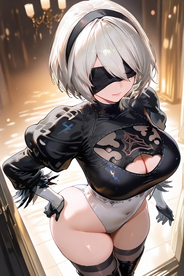 (masterpiece, best quality), beautiful girl, 2B from Nier Automata, lying, (detailed beautiful eyes) medium body shot,