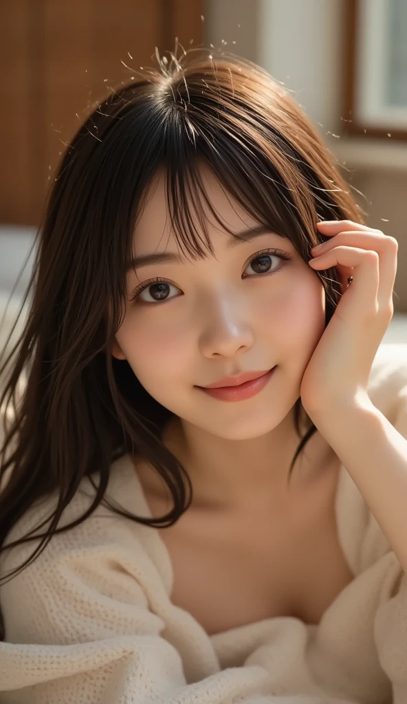 Young japanese lady, 30s, White background, It features a simple背景, white-brown hair, slender, 4K, 8K, High quality, Beauty, Smile, Beautiful eyes, It features a simple, High resolution,1 person