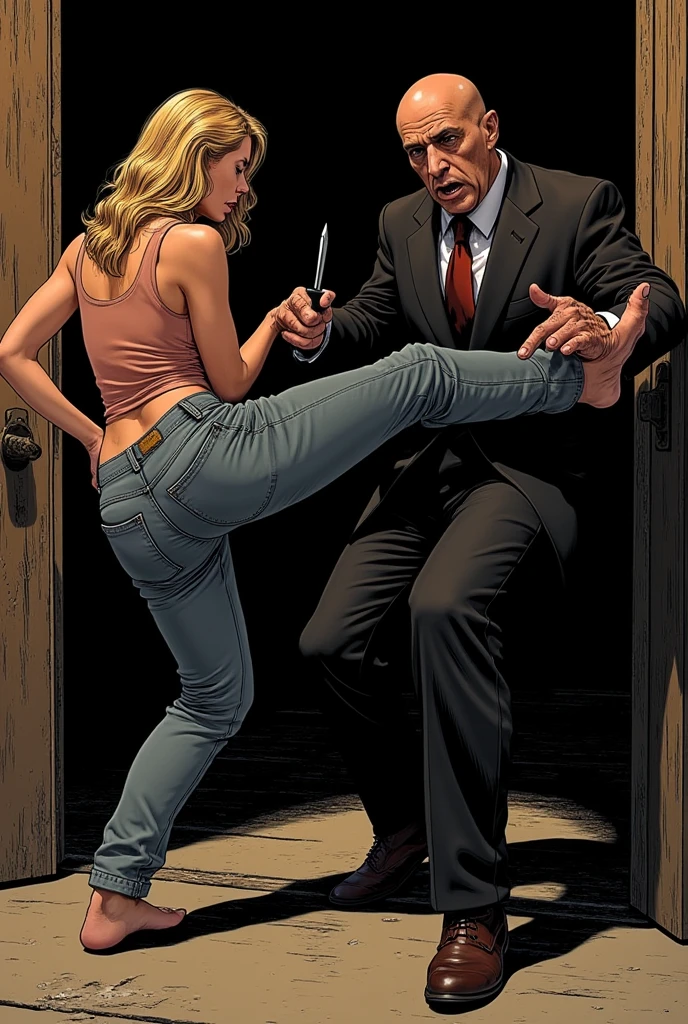 1 man 1 girl Manga comic (sensual brunette girl Straight loose hair, blue eyes wet white t-shirt, black tabled skirt In a sensual pose, she teach self defense knee with a woden dummy) (man with big bulge groin being squeezed) (bigboob big ass) (wet t-shirt) (highly detailed) (concept art) (manga) (anime) (draw) (face anime detailed) (comics)