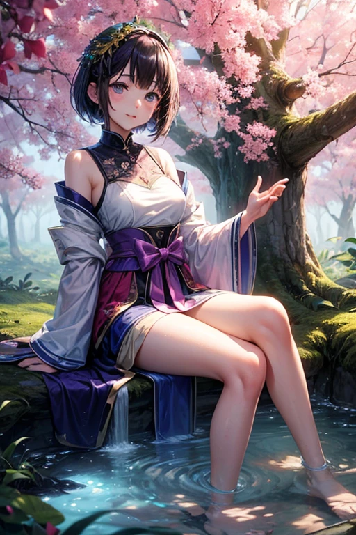 top-quality, tmasterpiece, 超A high resolution,the eyes are beautiful, (Realistically: 1.4), 1 plump girl (((Best Quality))), tmasterpiece,intricate-detail, depth of fields,Best Quality,The content is very detailed,hight resolution,4K,超A high resolution,detailed shadow,hyper realisitc,current,dramatic lights,1 plump girl,Alone,A detailed face,A detailed eye,Realistic skin,Imagine the scene under the charming light of cherry blossoms at night。 (Sakura NS), There are wonderful Japanese beauties there., Reminiscent of modern geisha, Strike a provocative and elegant pose. Her outfits are a blend of tradition and modernity, wearing a kimono-style dress,cling to her silhouette, Expressing her curvaceous beauty, elegance and charm at the same time。. the fabric is very delicate, almost translucent silk, Projects mesmerizing light and shadow effects onto your skin。, Enhances attractive texture. her hair is loose, short-hair, Strategically place some autumn cherry blossoms, Add a touch of innocence to her seductive demeanor. Bold and elegant makeup, Highlight her stunning eyes and plump lips, surrender to bed, Blushing smile. Blurred pink and white cherry blossoms in the background, A few petals fell gently next to her.. The lighting is soft and the atmosphere is cozy., evokes a sense of intimacy and mystery, tome'just like her'share taboo stories. Dynamic camera angles, capture her from a low angle, A temple standing in the night sky々Emphasize your presence. Her pose combines confidence and vulnerability., gently place your hand on her waist, Another person also extended a hand,As if inviting the audience into her mysterious world.. The overall composition should convey a balance between eroticism and art, Breaking through the limits of sexy,However, no clear situation was reached.