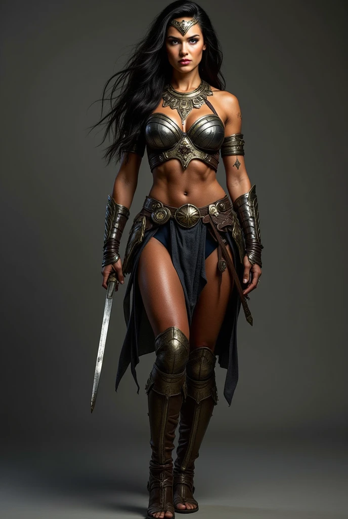 hyper ultra realistic photographs full body of Moonlight flickers across the dew-kissed grass as a barefoot warrior sprints, her muscles rippling beneath her dark leathers. In one hand, she clutches a slender sword, its edge glowing faintly with an otherworldly hum. Behind her, monstrous shadows churn and growls. ratio 16:9, 4k, 8k resolution, High quality photo, high detailed images