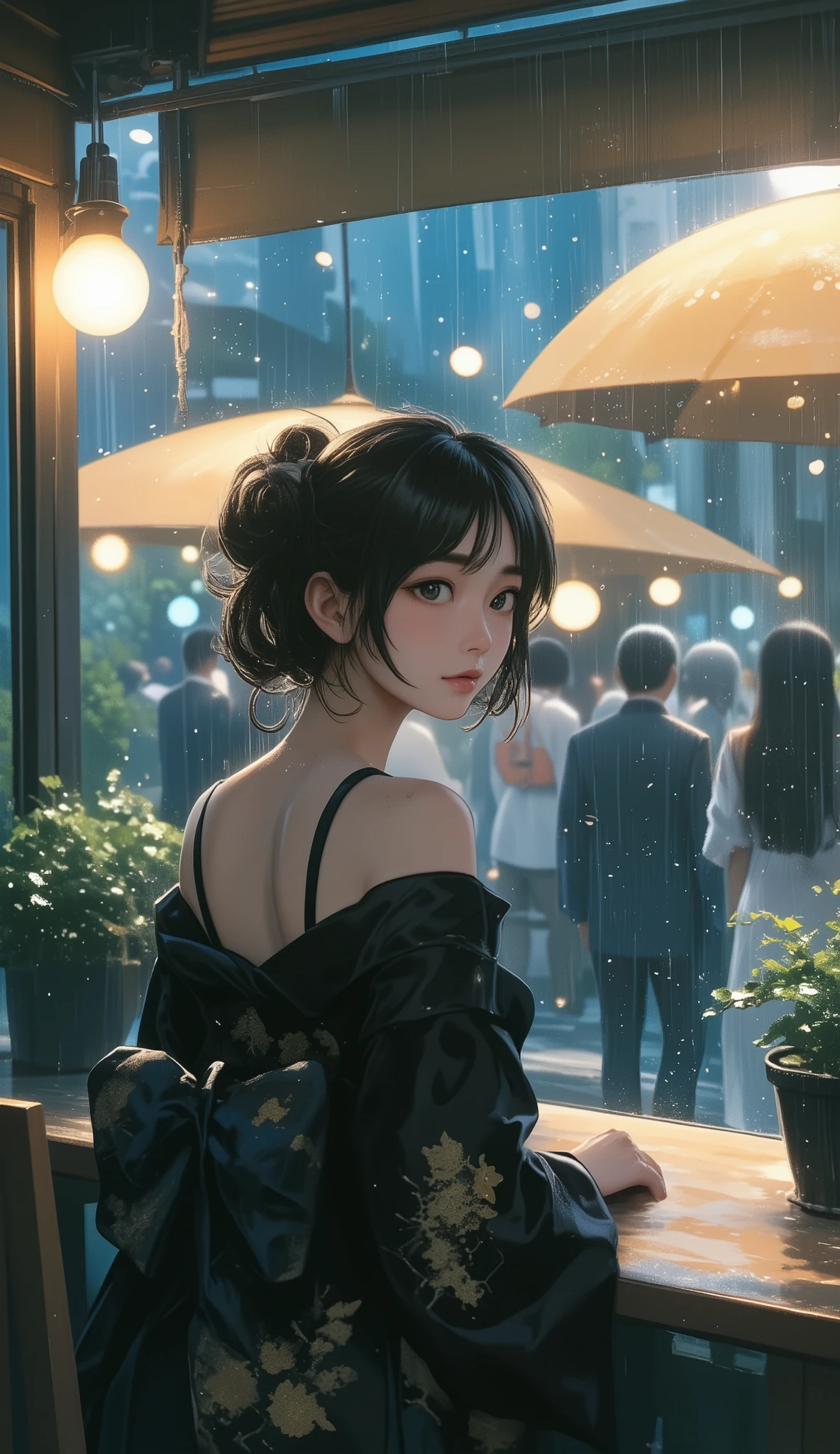(close up of Raindrops whisper through the window, Fantastic silhouette of the outside world seen through cloudy drops of water:2.0), best quality , HD Images, 16k, , very detailed, , delicate and dynamic, cute sexy girl, seductive, , back view of a beautiful busty Japanese woman in a kimono looking out of the rain through a window, (Raindrops passing through the window), Luxury hotel cafe,, glitter effect, silence, quiet,, Diffuse reflection of light, Dark rainy sky, , glitter effect, People walking down the street without umbrellas in the rain, a fantastic scene in Kyoto