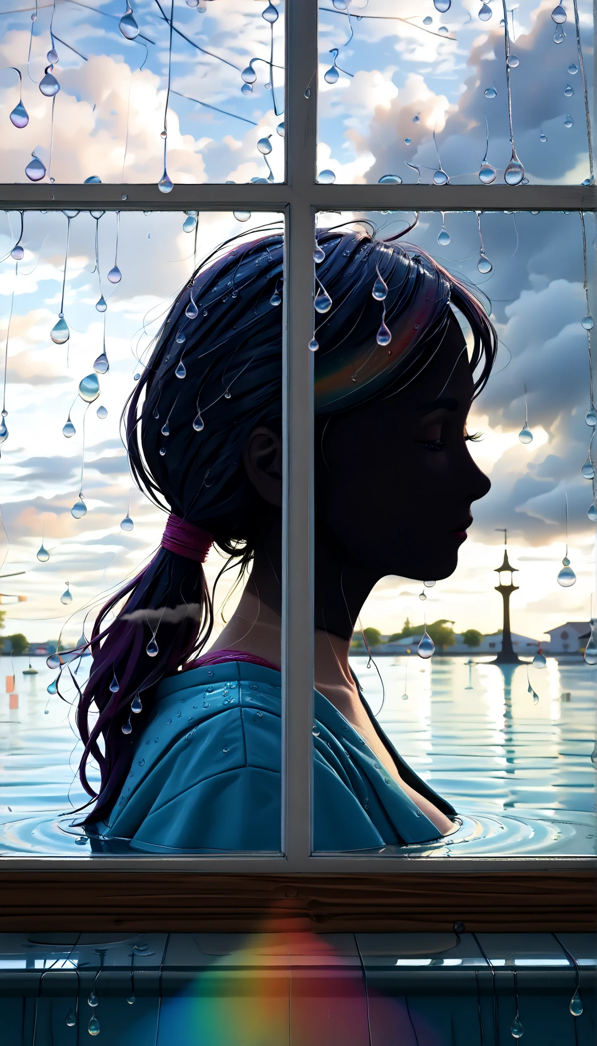 , score_9, score_8_up, score_7_up, 20 years old, 8k, high definiTion , beauTiful girl, (close up of Raindrops whisper through the window, Fantastic silhouette of the outside world seen through cloudy drops of water:2.0), best quality , HD Images, 16k, , very detailed, , delicate and dynamic, cute sexy girl, seductive, , back view of a beautiful busty Japanese woman in a kimono looking out of the rain through a window, (Raindrops passing through the window), Luxury hotel cafe,, glitter effect, silence, quiet,, Diffuse reflection of light, dark rainy sky, , glitter effect, People walking down the street without umbrellas in the rain, a fantastic scene in Kyoto