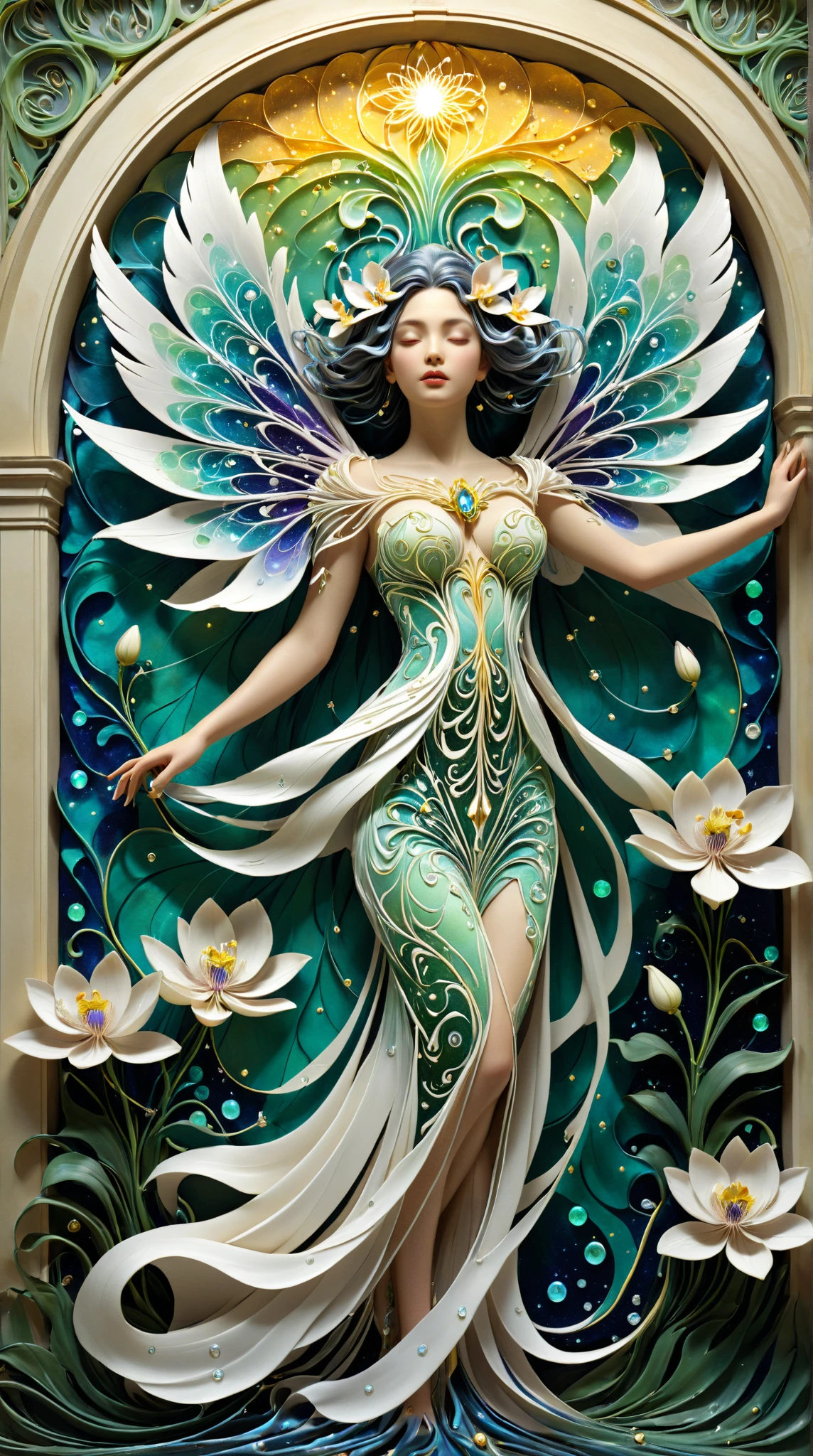 Art jade doll,
An elegant and ethereal glass fairy, adorned with enriched details of emerald green and aquamarine hues, wearing an extra white gown that flows gracefully around her form. She is captured in the mixed up of Midm clothing grade, , captured by the best camera on Eau" The artwork includes a capturing blend of elegance and enhancement, showcasing equity craftsmanship.