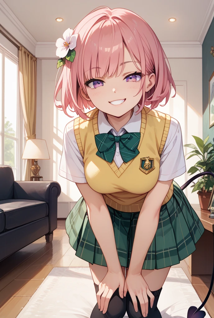 (top-quality:1.1), (masterpiece:1.4), (absurderes:1.0), portlate, a closeup,
1girl in、Momovelia Deviluk、hair adornments、bob cuts、Shorthair pink hair、a purple eye、medium chest、Yellow school uniform、looking at the viewers、Classroom、(red blush:1.2)、a smile、opens legs、Expand the genitals
