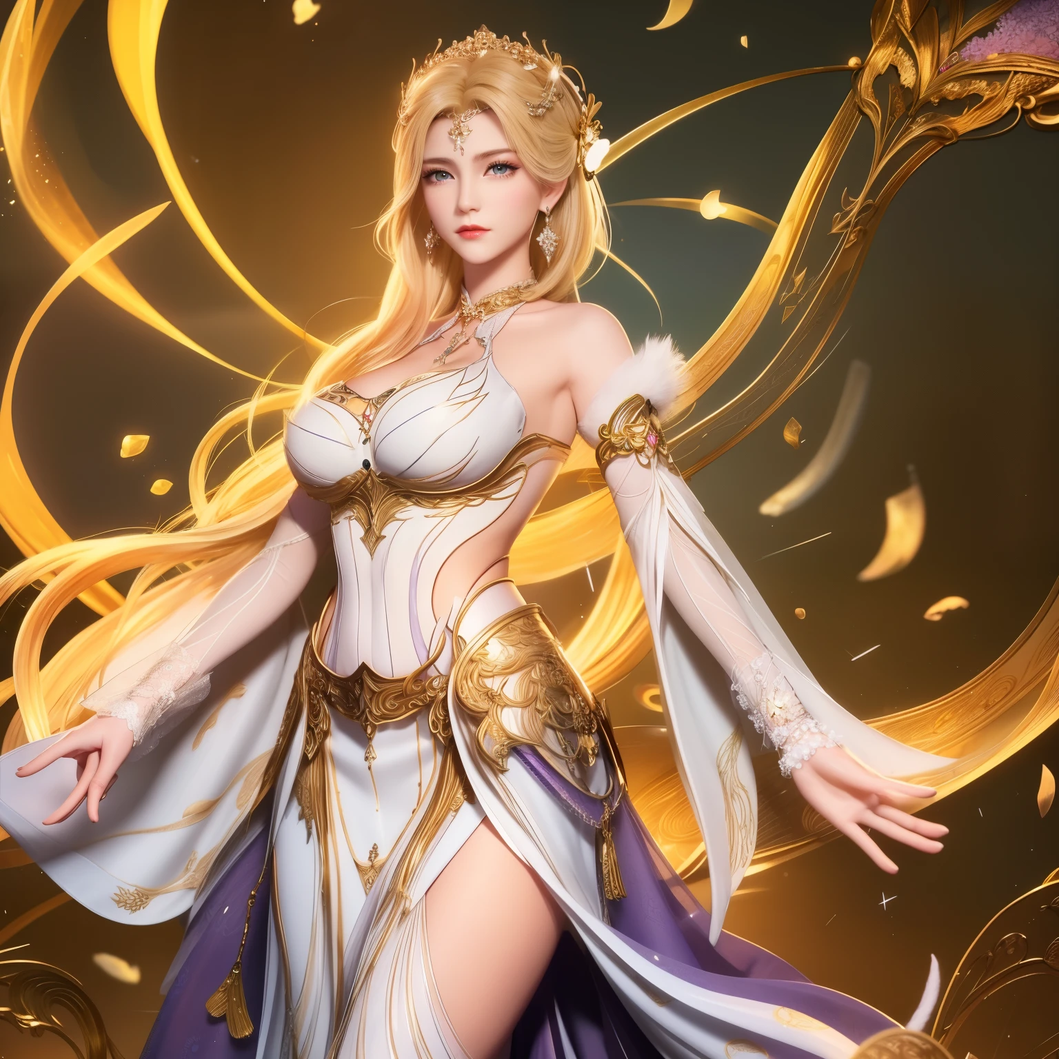 1Girls,Mature woman,looking at the audience,City photo , at night,jewelryผม,armor,shoulderเปลือย,jewelry,Earrings,cleavage,ปลอกneckโลหะ, Forehead diamond, Multicolored set, Cowboy Shooting, Purple tight-fitting dress ,blue eyes,White fur , Extremely gorgeous embroidery, Flowing tulle fabric, , the sleeves of the garment are tied with a translucent colorful ribbon, , inspired by the painting on the wall of Dunhuang Cave in Dunhuang City., Navel buttons, shoulder, neck, Black curly hair Bun, Flower hair clip , , wreath, Bracelet, Bracelet, metal chain brush at waist, Mogau cave painting, Ink painting , Pop music radio station,for short hair,Bun, blonde , big breasts, big breasts, big breasts,