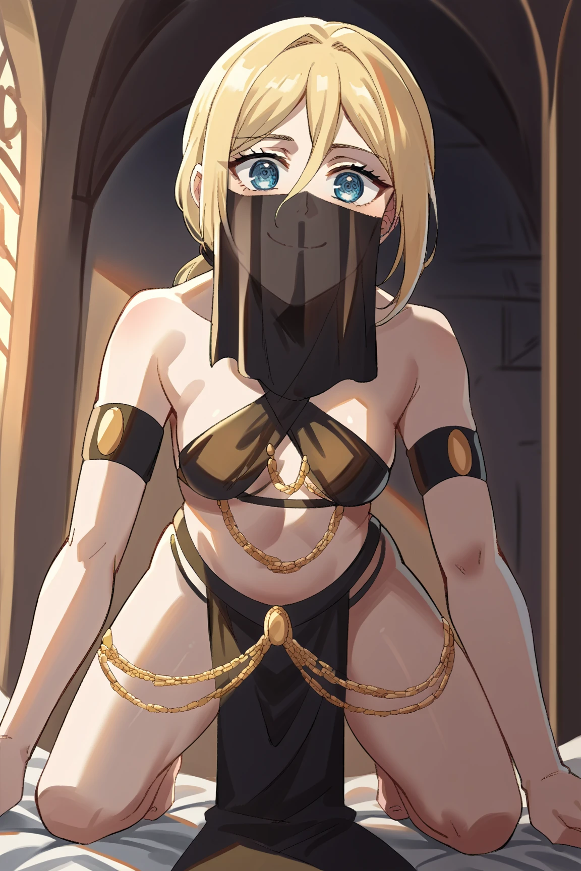 Male arab warrior, medivial, black short balaclava, black bandage, black clothes, thin waist, skinny body, femboy, light skin, makeup, black eyeliner, big eyelashes, black eyeshadow, metal choker, light skin, girl on her knees