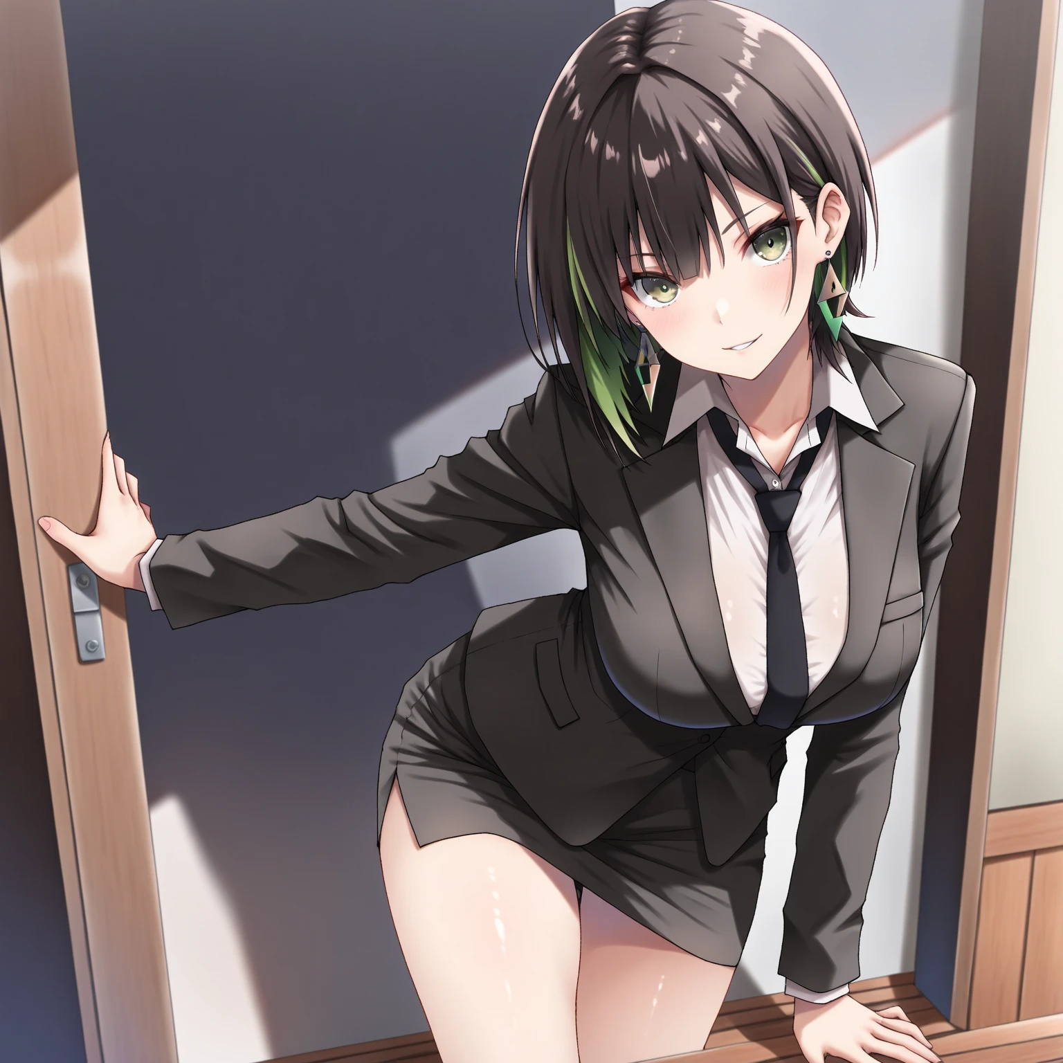 woman, short straight black hair, purple eyes, angry appearance, short build, naked