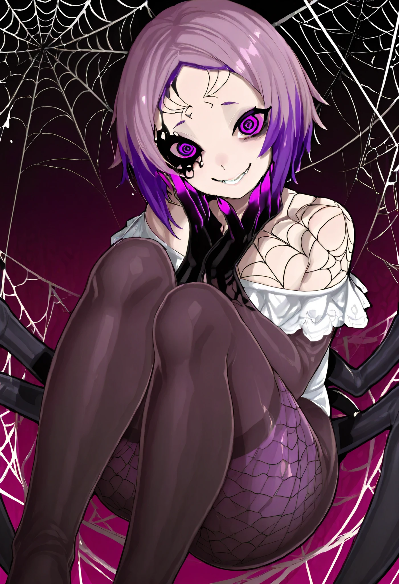 (Girl fused with a spider). Succubus-style. Leg of an insect. spider motif. spider web pattern. Black and purple hair. Two-tone hair. Shoulder. Short hair. High legs. Body tights. Sharp claws. Spider eyes on the forehead. Spider web tattoo around the eye. Black paint hands. Yandere Smile.