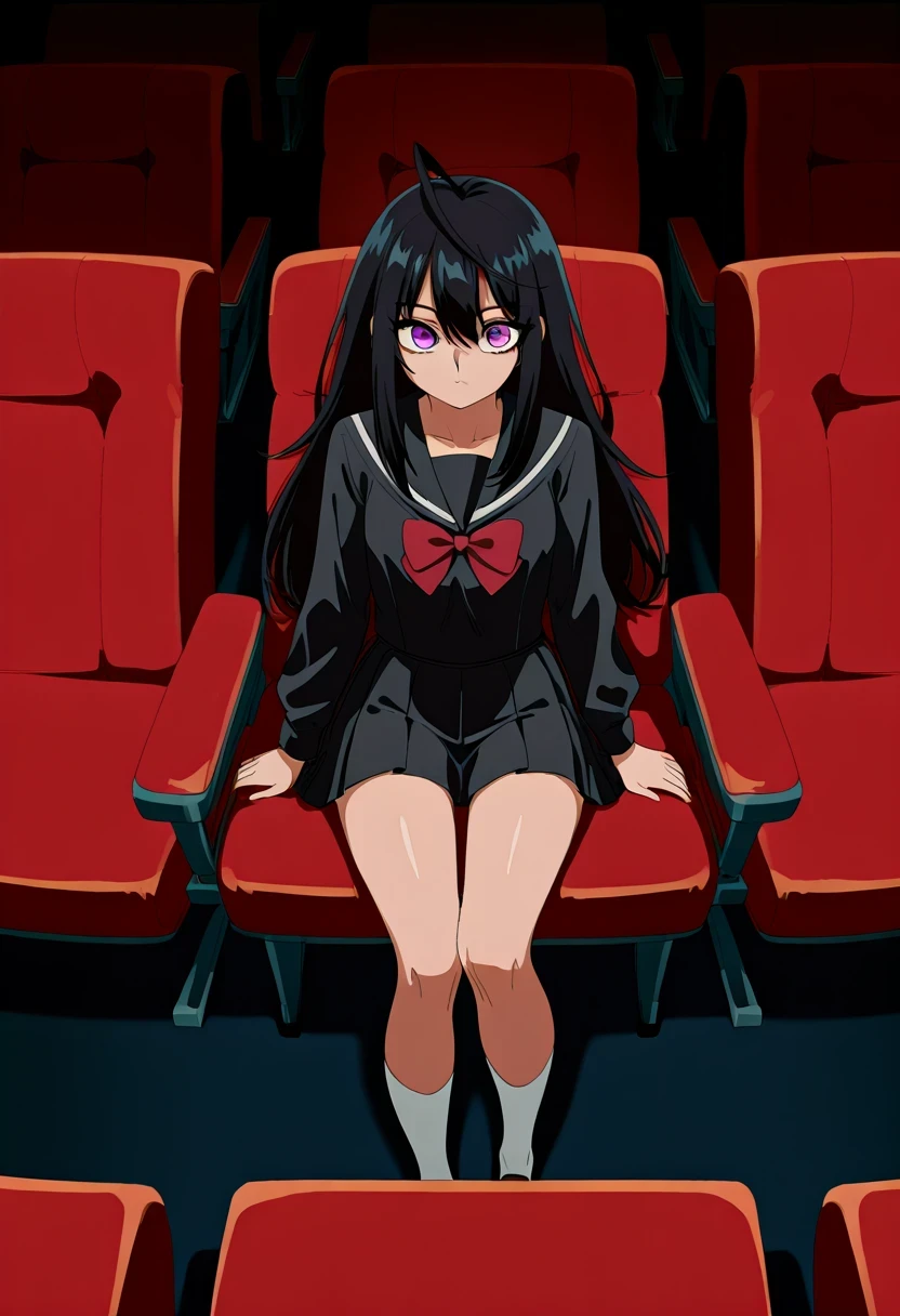 (1girl:1.5),
masterpiece,highest quality,Super detailed,32K,High resolution,an extremely delicate and beautiful,Official Art,Perfect Anatomy,
(Contrasting colors,octane rendering,Fully painted,anime coloring,anime screencap,Cel-shaded anime,retro artstyle:1.1),
perfect face,ultradeTailed eyes,beautiful,sexy,supermodel,athletic body,shiny skin,Dramatic light,(scale to fit the dimensions:1.2),((slightly narrow eyes:1.3)),
 yonagi_kei,purple eyes,black hair,long hair,ahoge,school uniform,serafuku,red bowtie,black shirt,long sleeves,black pleated skirt, 
movi3theater, sitting,red seats, dark room, shadows,very wide shot,very wide shot,from above,