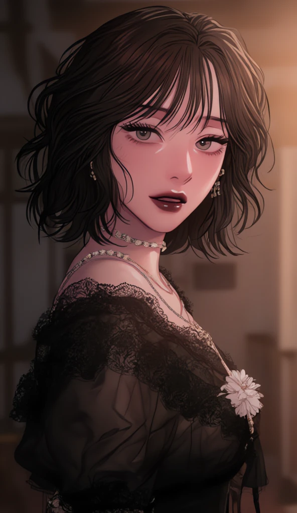 1Woman, 40 years, with black short curly hair, Red lipstick, yellow eyes, Red, ((((closed dress))), scarlet heels, glass of wine, coulomb, bracelet, rose tattoo on hand, Blood, ruby earrings and accessories, ((Detailed eyes)), good anatomy, calm expression on his face, gentle look, ((portrait)), plain background, up close