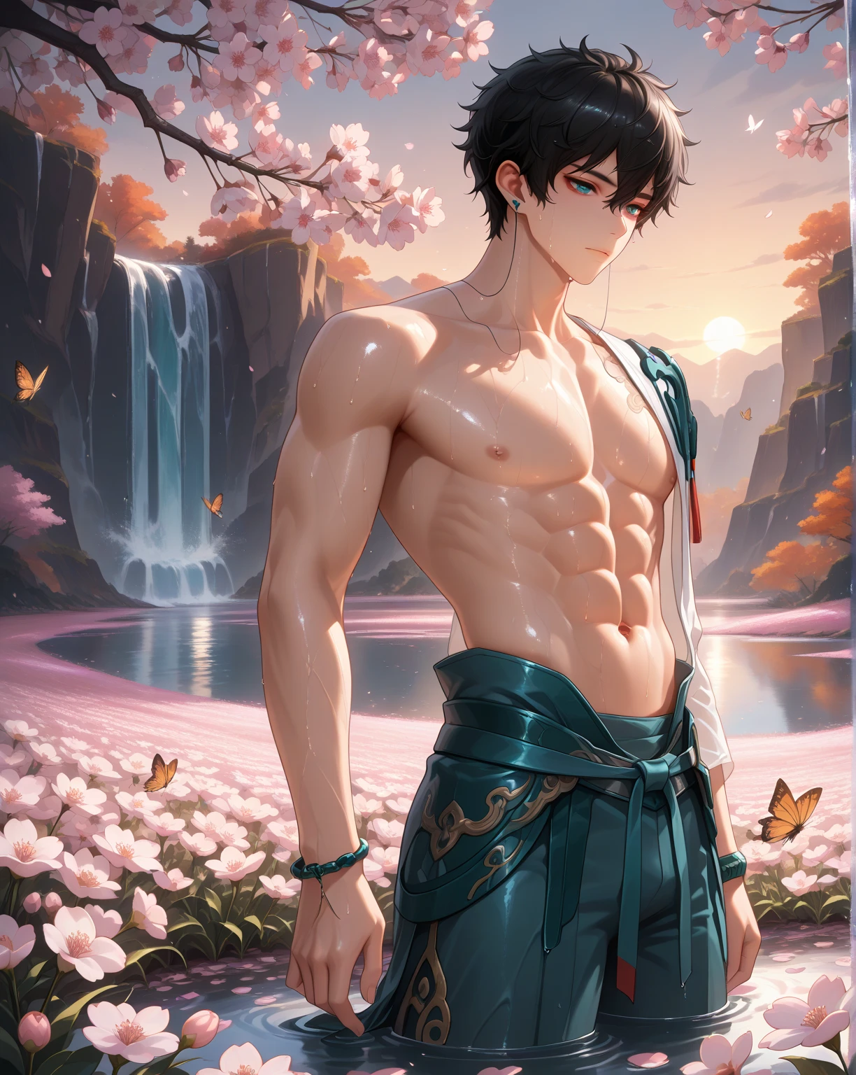 (best quality), realistic, iris, garden, 15 year old Japanese idol boy,  (abs:1.2), black short hair, tanned dark skin, (detailed brown eyes), (smile:0.8),