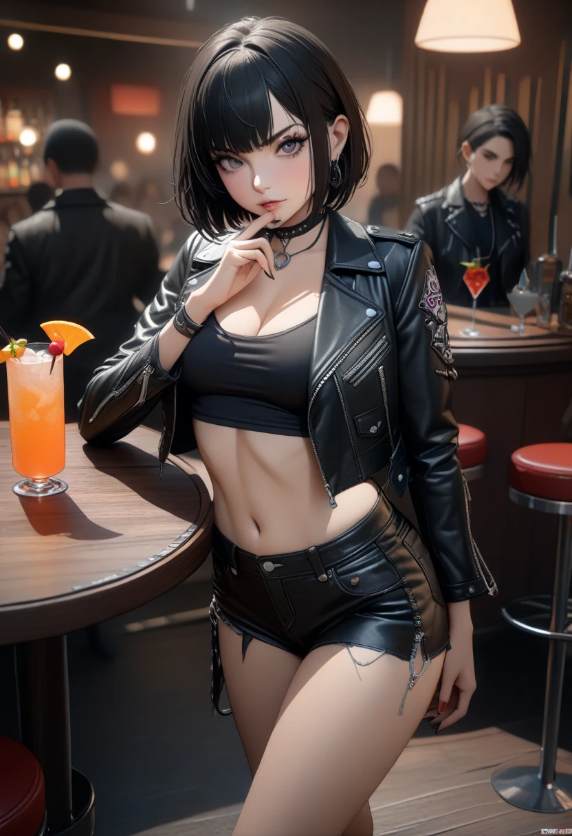 ultra high definition, best quality, masterpiece, highres, artstation, concept art, smooth, sharp focus, illustration, a 20 years old girl, brown hair, green eyes, wide eyes, (small breast), (small hips), (small ass), ((small girl)), (she's smoking cigarette), drunk, sitting in a bar, black pants, black jacket, sport bra, provocative pose