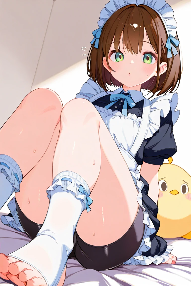 Girl, short, flat chest, (), short fluffy hair, brown hair, blue eyes, white skin, green dress with frills.