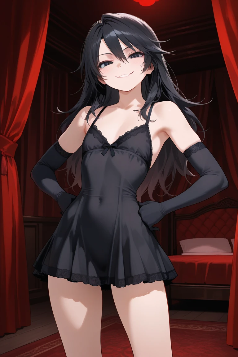 Mai Sakurajima, black hair accessory in the shape of a rabbit, Playboy bunny costume, in a hotel room, pose with one hand on the waist, medium breasts, serious look
