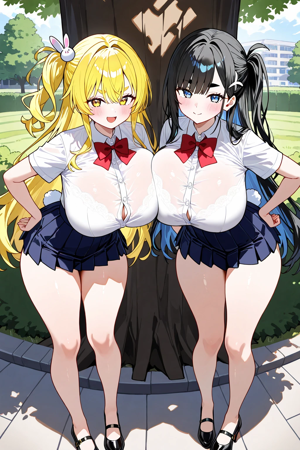 Girl and girl, two girls, twin girls , long hair, Black hair, blue eyes, (((full white dress))), (Sleeveless dress), (Short dress), blue white panties, (((horizontal striped panties))), massive ass, Turn around and look back, Smile, joy, smiling face, fart, onara, fart, farting, big fart, Fart from the ass, Yellow smoke, Yellow smoke is rising, Green fields, Sunny weather