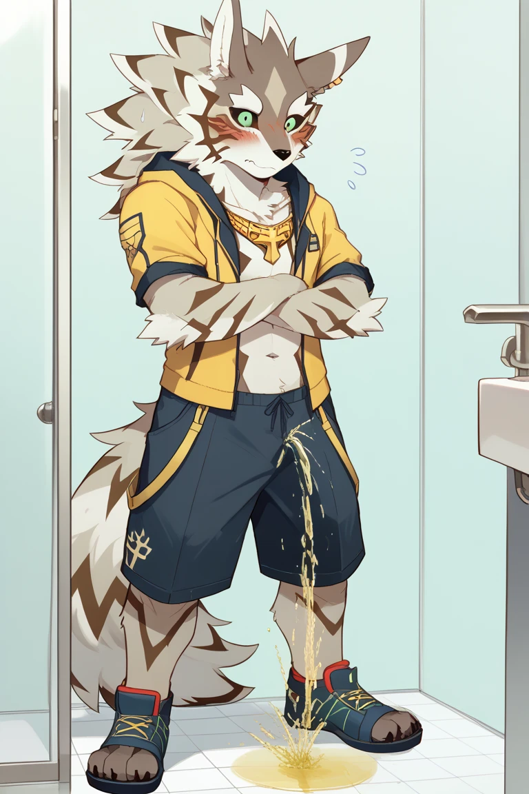 chubby polar bear pulling down zip attached to kneel polar bear dad skin , track suit , detailed white feet five toes with white sock, profile, evil smug blush sweating , kemono , high quality , by rossciaco ( rear view) , covered in transparent slime