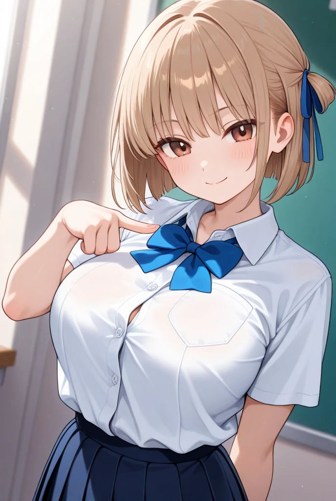 (1milf, solo), sitting, (sleeveless shirt, customer service uniform, bow tie), French twist updo, embarrassing big smile, (masterpiece best quality), delicate illustration ultra-detailed, sagging huge breasts, (customer service counter, cashier), work desk, detailed background, ((showing hairy armpit hair)), thick makeup, upper body only, pamphlet, in restaurant, sweating, menu
