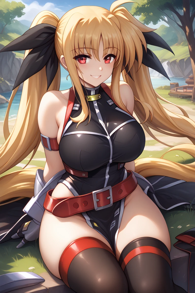 best quality, highres, 1girl, long hair, blonde hair, x hair ornament, armor, blue eyes, ponytail, hair ornament, braid, black gloves, pauldrons, feet, darkness \(konosuba\), large breasts, cowboy shot, village, outdoors, (excited:1.2), blush, closed mouth, (micro bikini:1.4), legs apart, cum all over body, cum on face, peace sign