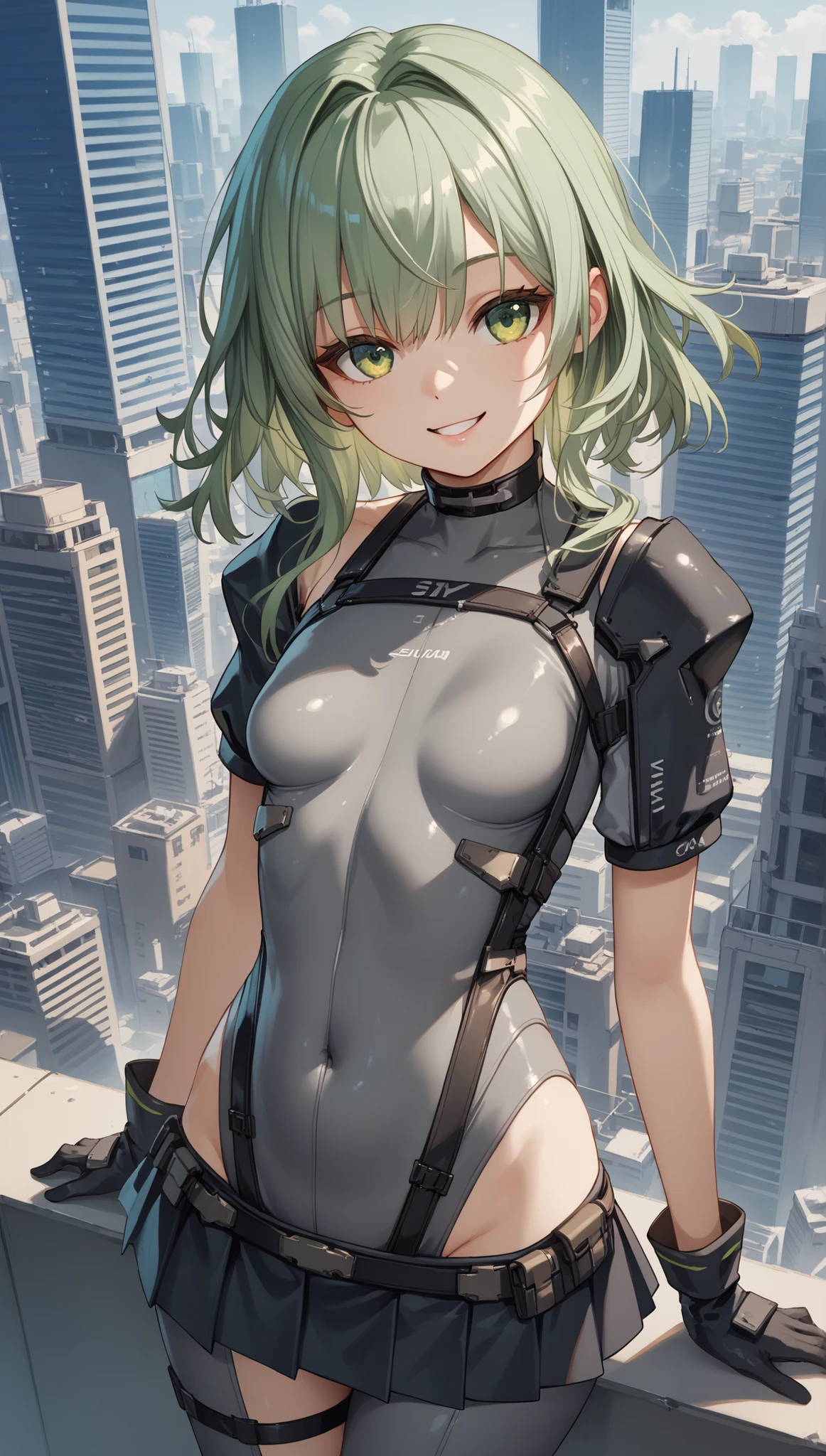  ung_girl, solo, long_shaggy_hair, green_hair, long_bangs,bare_shoulders,short sleeves, (thin_gray_bodysuit), black_harness, green eyes, very_short_front_cutout_skirt, dettached_long_sleeves,gloves, light_smile, in futuristic city, , high quality,crotch, slouch,groin,dynamic_angle,black_hair_band,small_breasts,