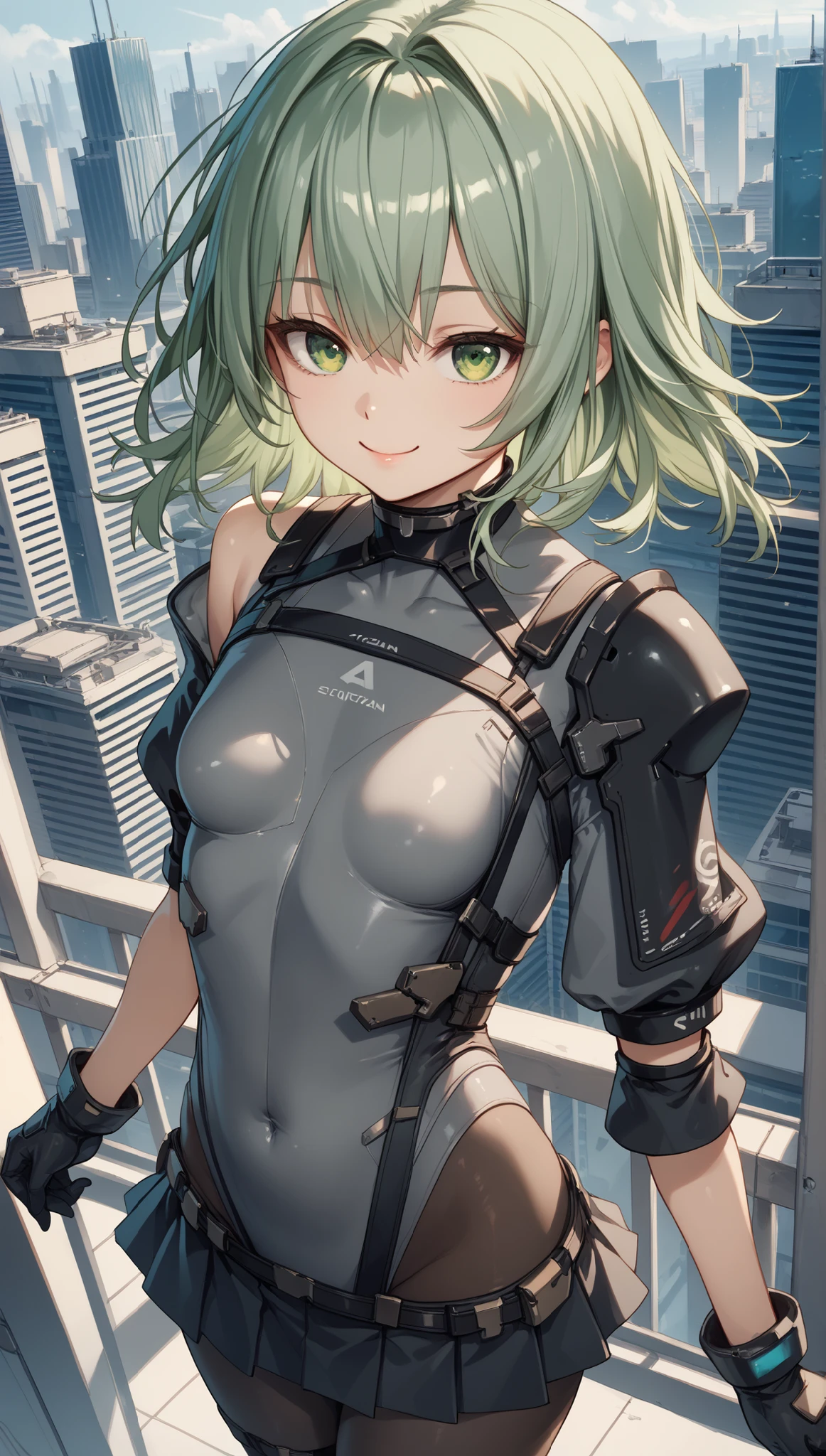  ung_girl, solo, long_shaggy_hair, green_hair, long_bangs,bare_shoulders,short sleeves, (thin_gray_bodysuit), black_harness, green eyes, very_short_front_cutout_skirt, dettached_long_sleeves,gloves, light_smile, in futuristic city, , high quality,crotch, slouch,groin,dynamic_angle,black_hair_band,small_breasts,