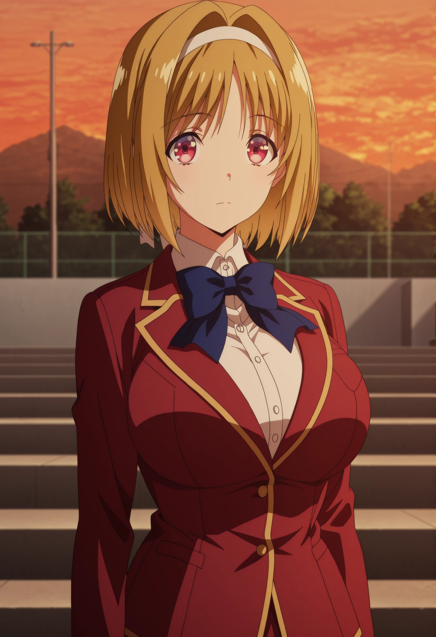 masterpiece, best quality, amazing quality,, kikyou kushida, short hair, blonde hair, red eyes, hairband, hair intakes, mature female, breasts, anime screencap, shirt, long sleeves, bow, school uniform, jacket, white shirt, bowtie, blue bow, blazer, red blazer,, big breasts,, school, sunset, standing peaceful, cowboy shot, solo, looking at viewer, solo