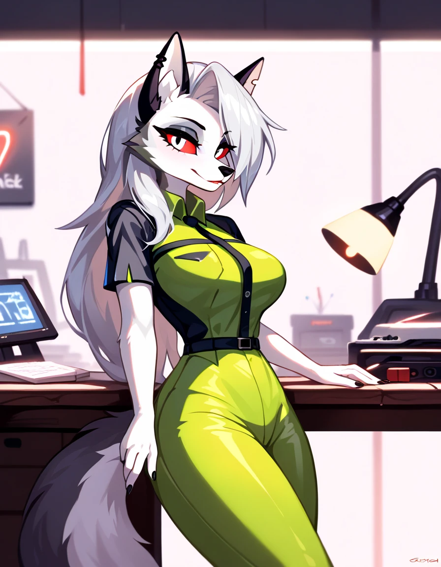 masterpiece, ((sharp expressive eyes)), ((high quality)), furry, anthro, 1 girl, cute anime, separated breasts, ((cat)), silver hair, white fur, white office jacket, nude, overly long sleeves, red eyes, large breasts