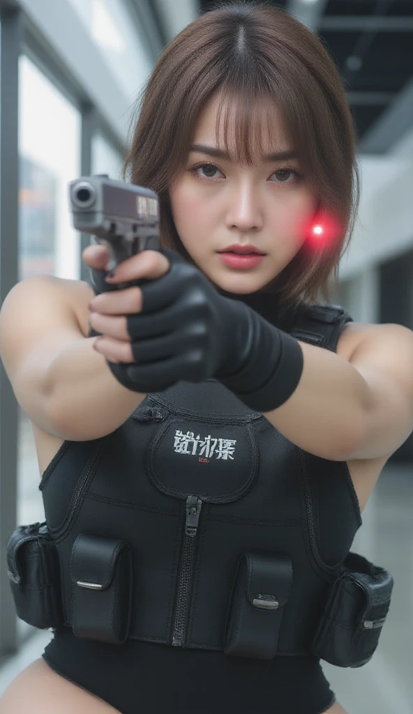 (masterpiece,Distinguished Quality,Mirror-like,Cinematic Experience,insanely detailed,absurdres),8k,wallpaper,,(Best illustrations:2.0),(One Woman:2.0),(Motoko Kusanagi:2.0),(Ghost in the Shell-style worldview:2.0),(Black tactical :2.0),(Heavy black bulletproof vest:2.0),(Black gloves:2.0),(Short Bob:2.0),(Beautiful Eyes),(Detailed face),(Detailed female hand drawing:2.0),(:2.0),(He kneels down and aims a pistol at me.:2.0),(Raise your right knee:2.0),(The background is Tokyo, where science and technology have developed.:2.0),(Drawing in monochrome:2.0),(sf:2.0),(A pistol with a laser pointer under the muzzle:2.0),(Point the red laser pointer on your pistol at me:2.0)